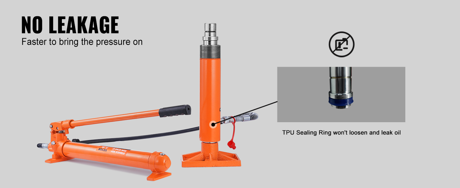 orange hydraulic jack with handle, emphasizing no leakage, tpu sealing ring, VEVOR 20 ton porta power kit
