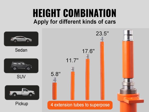 height combination options for VEVOR 20 ton porta power kit with 4 extension tubes for sedan, suv, and pickup.