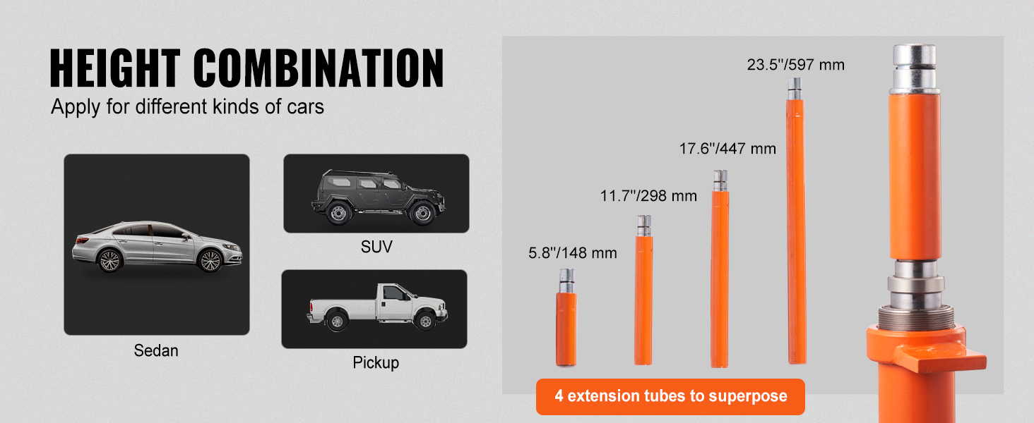 height combination options for VEVOR 20 ton porta power kit with 4 extension tubes for sedan, suv, and pickup.