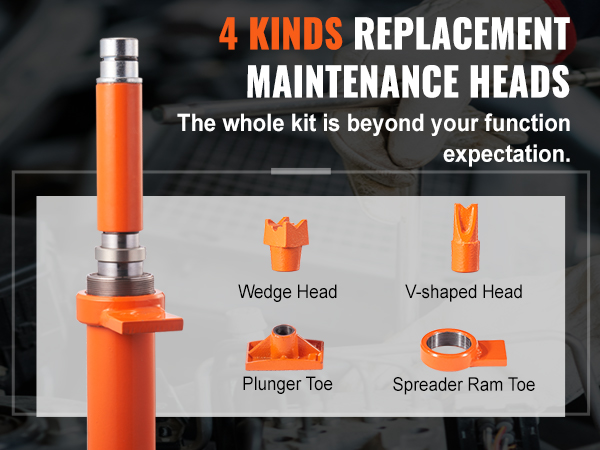 4 kinds of replacement maintenance heads for the VEVOR 20 ton porta power kit shown against a dark background.