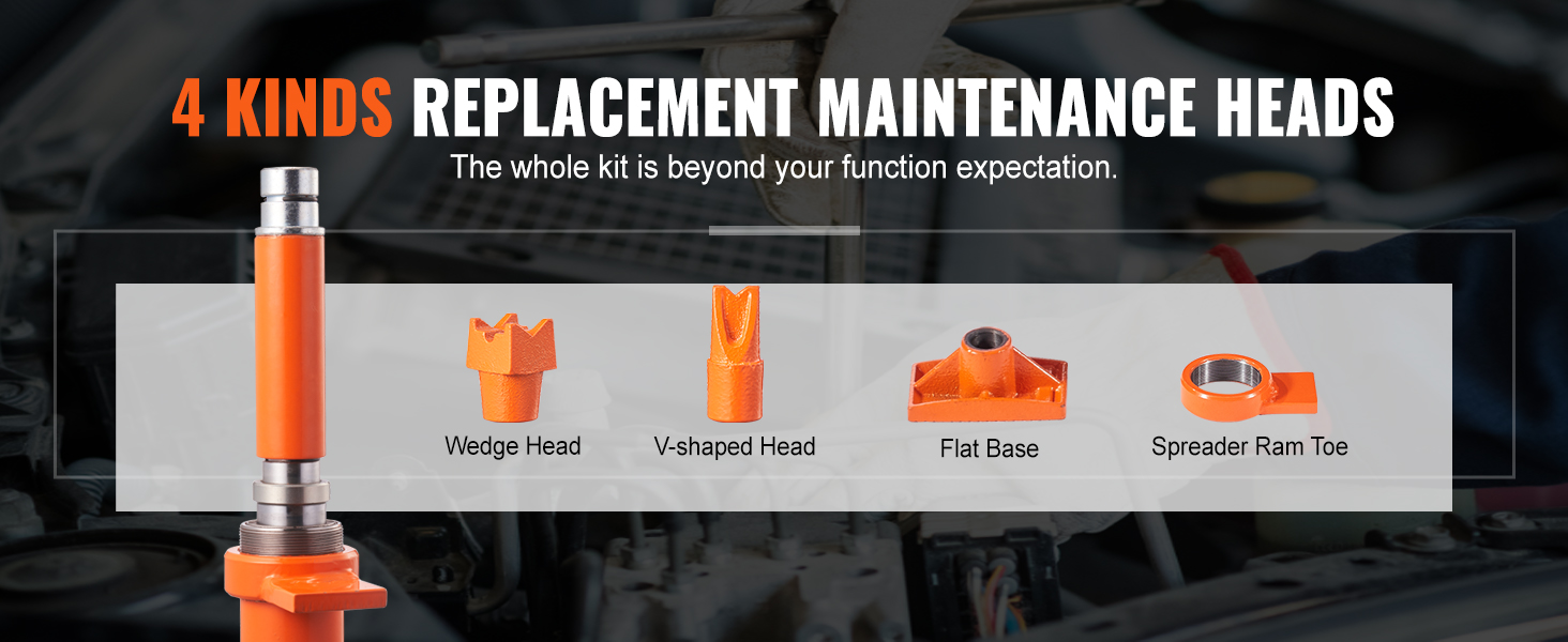 4 kinds of replacement maintenance heads for the VEVOR 20 ton porta power kit shown against a dark background.