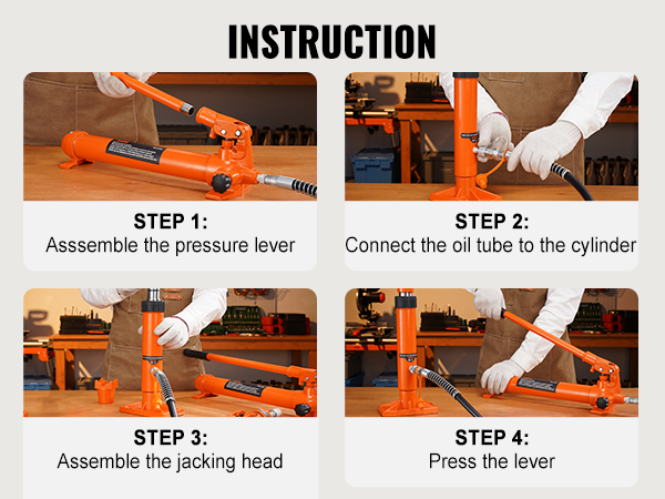 steps to assemble and use the VEVOR 20 ton porta power kit: pressure lever, oil tube, jacking head, lever.