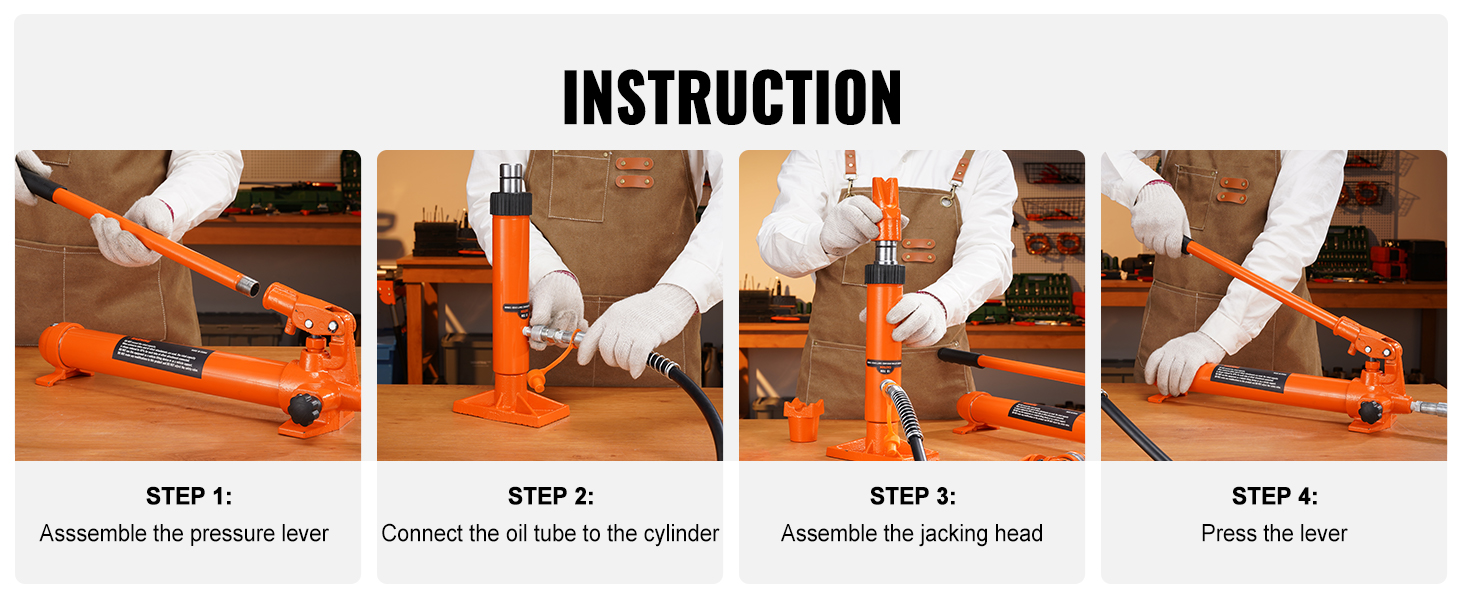 steps to assemble and use the VEVOR 20 ton porta power kit: pressure lever, oil tube, jacking head, lever.