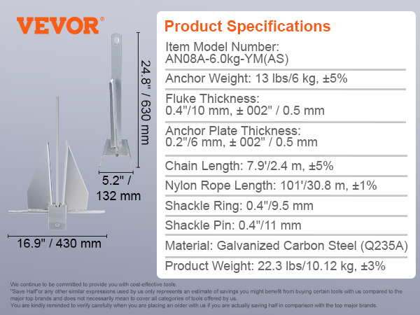 VEVOR fluke anchor kit specifications: anchor, 2 shackles, chain, nylon rope, measurements, materials.