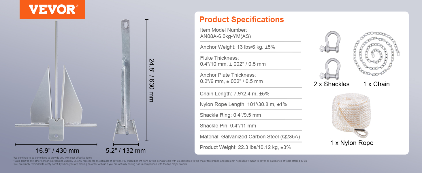 VEVOR fluke anchor kit specifications: anchor, 2 shackles, chain, nylon rope, measurements, materials.