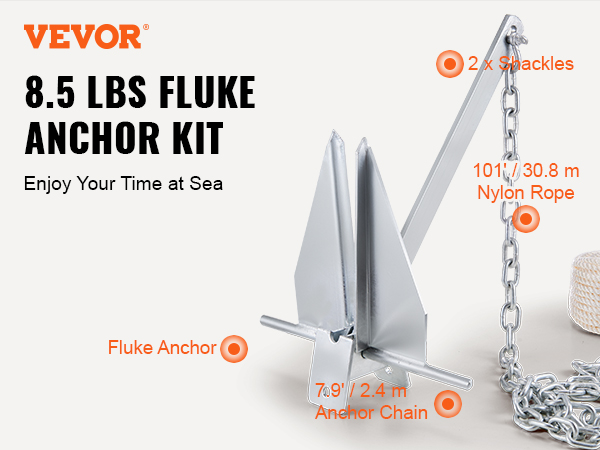 8.5 lbs VEVOR fluke anchor kit with anchor, shackles, rope, and chain for secure boating. enjoy the sea.