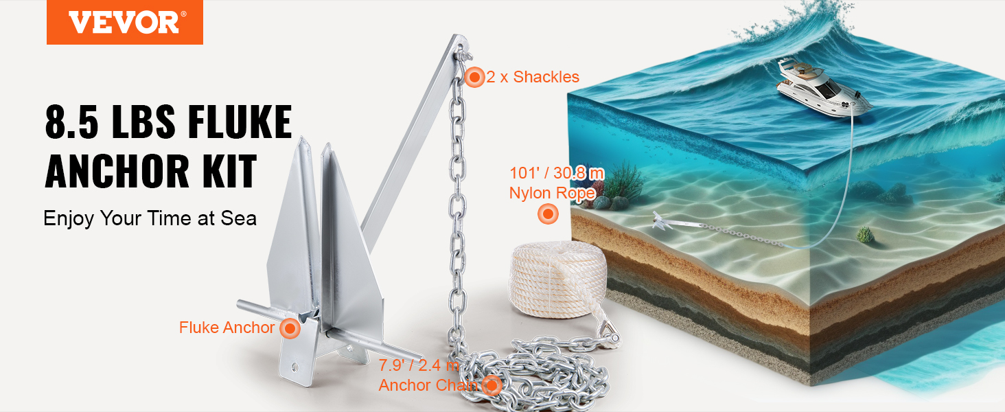 8.5 lbs VEVOR fluke anchor kit with anchor, shackles, rope, and chain for secure boating. enjoy the sea.