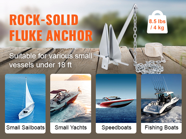 VEVOR fluke anchor kit for small sailboats, yachts, speedboats, and fishing boats under 18 ft, 8.5 lbs