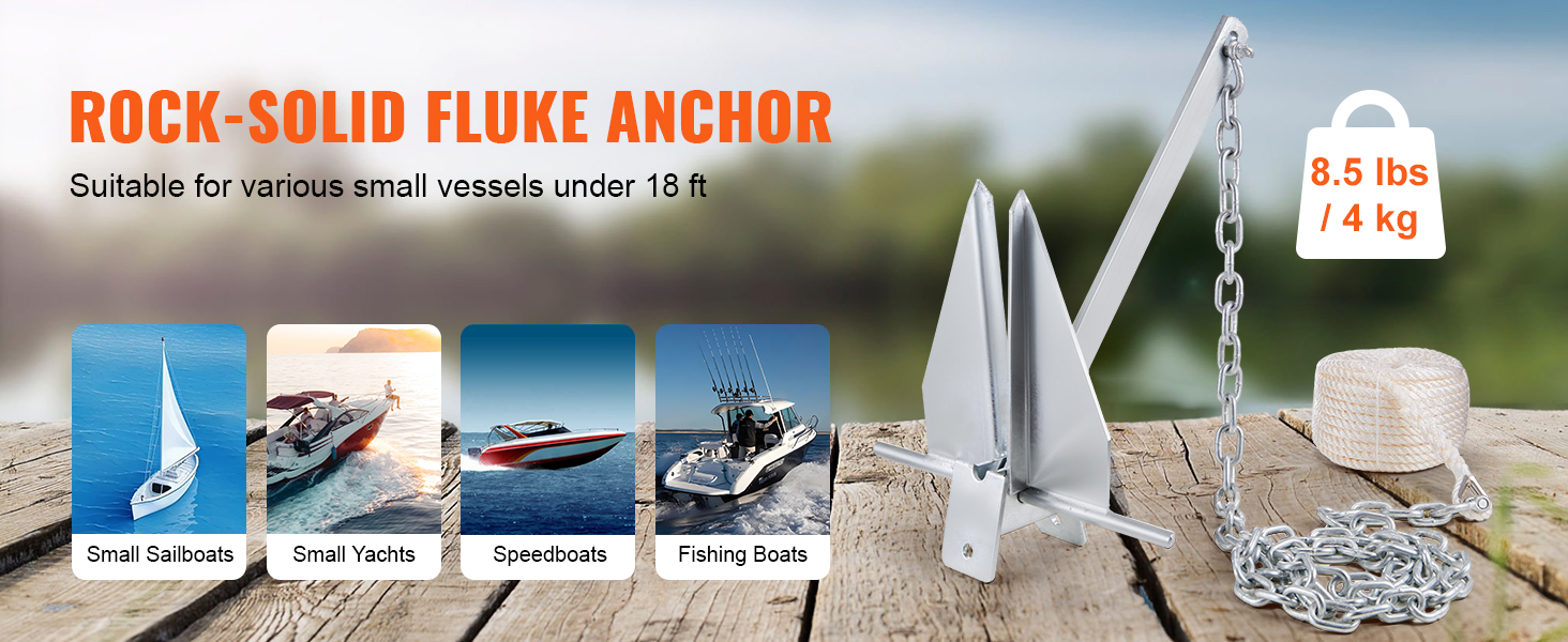 VEVOR fluke anchor kit for small sailboats, yachts, speedboats, and fishing boats under 18 ft, 8.5 lbs