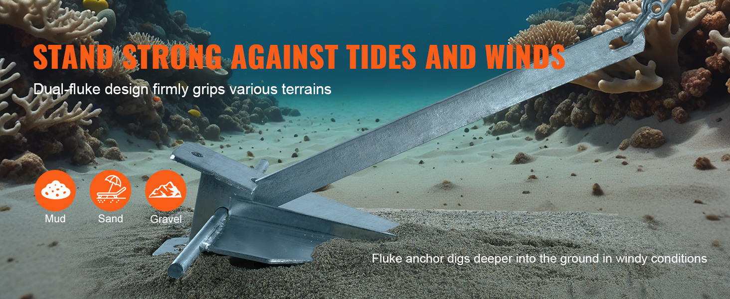 VEVOR fluke anchor kit with dual-fluke design firmly gripping underwater terrains of mud, sand, and gravel.