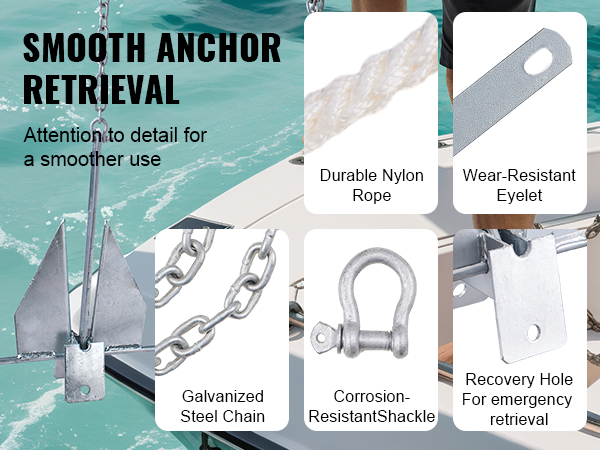 VEVOR fluke anchor kit with durable nylon rope, steel chain, shackle, and recovery hole on a boat.