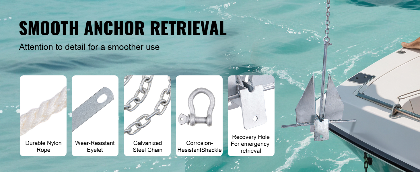 VEVOR fluke anchor kit with durable nylon rope, steel chain, shackle, and recovery hole on a boat.