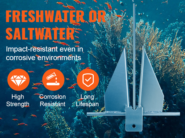 VEVOR fluke anchor kit in underwater scene with text highlighting corrosion resistance and high strength.