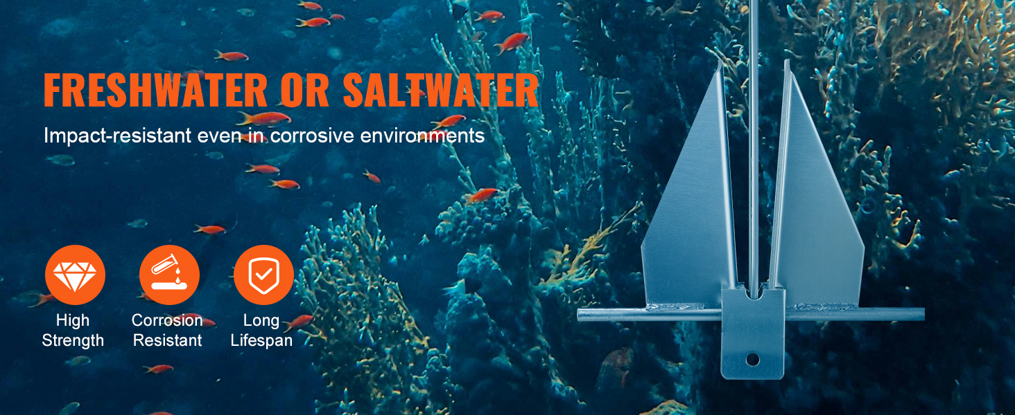 VEVOR fluke anchor kit in underwater scene with text highlighting corrosion resistance and high strength.