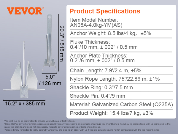 VEVOR fluke style anchor kit with specifications, including anchor, shackles, chain, and nylon rope.