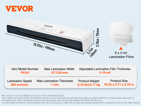 VEVOR laminating machine, model fa341, with dimensions and parameters displayed, including a4 film packs.