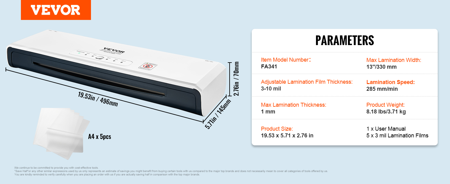 VEVOR laminating machine, model fa341, with dimensions and parameters displayed, including a4 film packs.