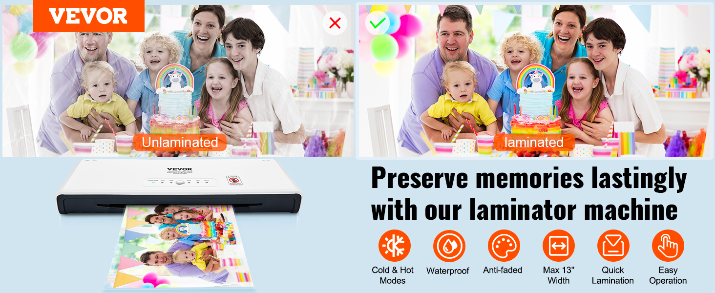 VEVOR laminating machine showcasing unlaminated and laminated photos for preservation.
