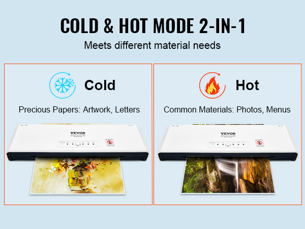 VEVOR laminating machine showing cold and hot modes for different materials like artwork and photos.