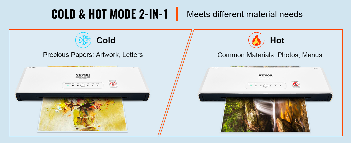 VEVOR laminating machine showing cold and hot modes for different materials like artwork and photos.