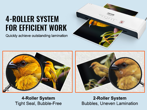 VEVOR laminating machine with 4-roller system for efficient, bubble-free lamination of bird photo.