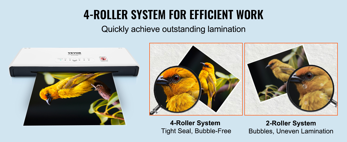 VEVOR laminating machine with 4-roller system for efficient, bubble-free lamination of bird photo.