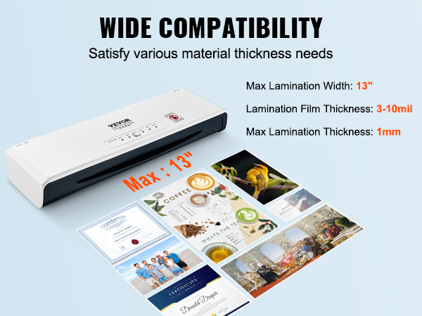 VEVOR laminating machine with 13" max width, processing photos, certificates, and documents efficiently.
