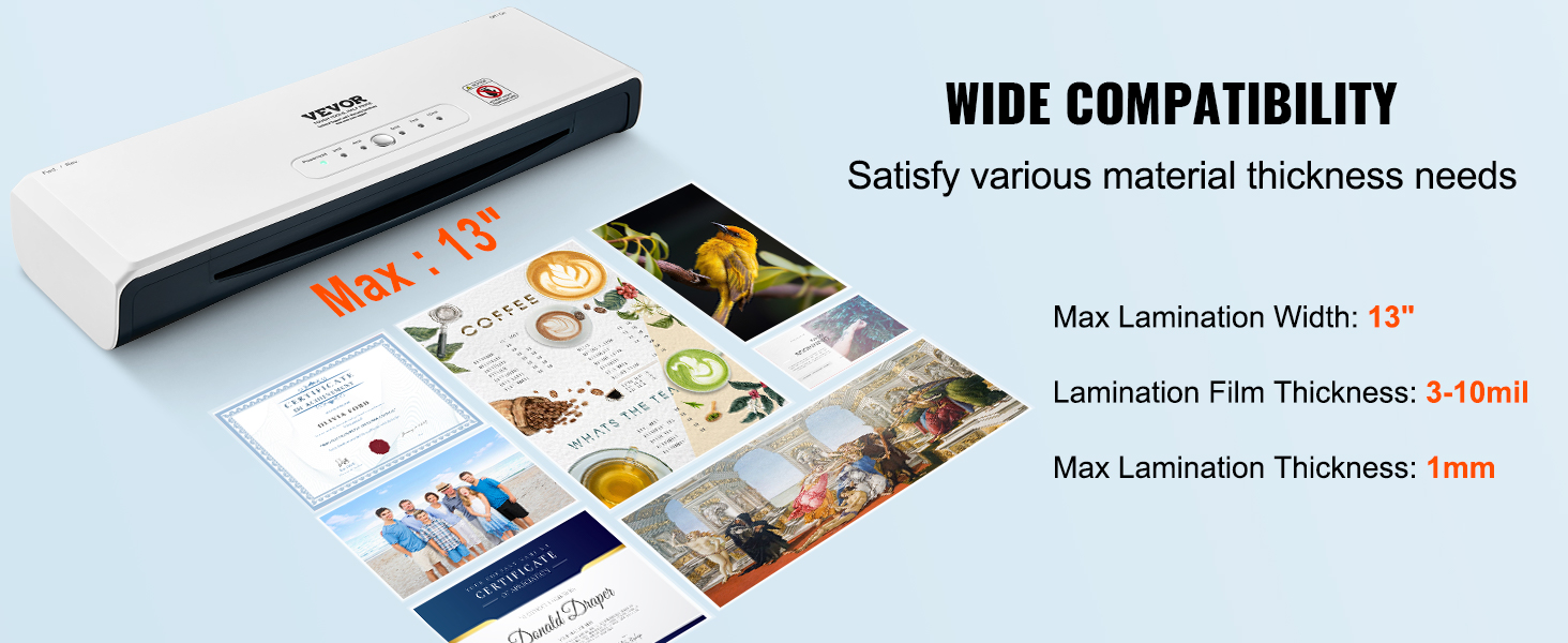 VEVOR laminating machine with 13" max width, processing photos, certificates, and documents efficiently.