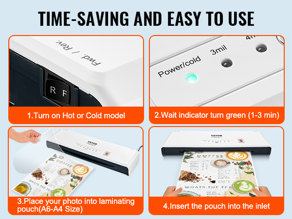 VEVOR laminating machine: easy-to-use with hot/cold modes, indicator light, and document laminating steps.