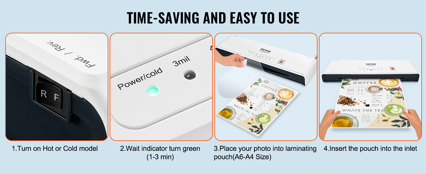VEVOR laminating machine: easy-to-use with hot/cold modes, indicator light, and document laminating steps.