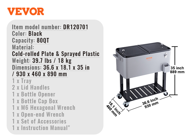 VEVOR rolling ice chest cooler, black, 80qt, with tray, bottle opener, and cap box. dimensions: 36.6x18.1x35 in.