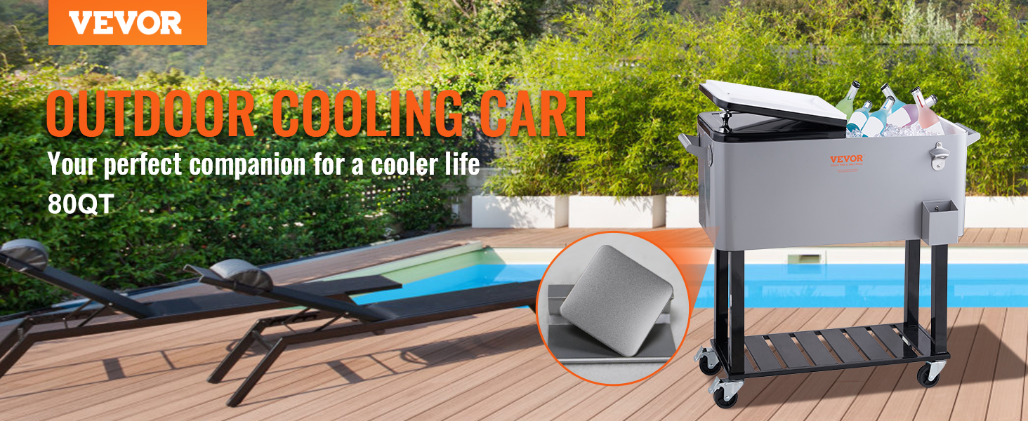 VEVOR rolling ice chest cooler by the poolside, with sun loungers and green foliage in the background.
