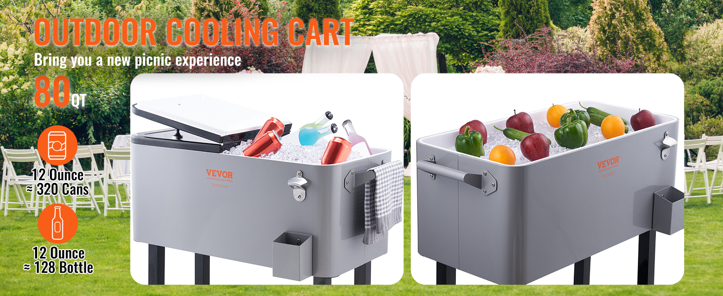 outdoor cooling cart 80qt VEVOR rolling ice chest cooler filled with drinks and fruits, ideal for picnics.