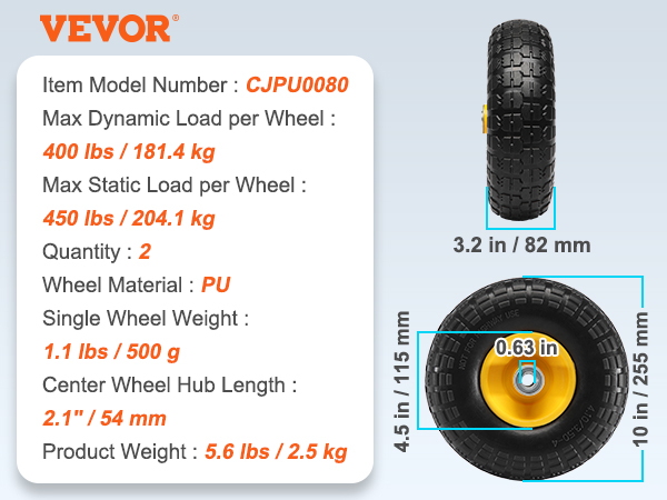 VEVOR run-flat tire wheel, 10"x3.2", axle hole diameter 0.63", includes pins and washers.