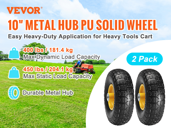 VEVOR run-flat tire wheel, 10" metal hub, pu solid, 400 lbs/181.4 kg dynamic load, 2 pack.