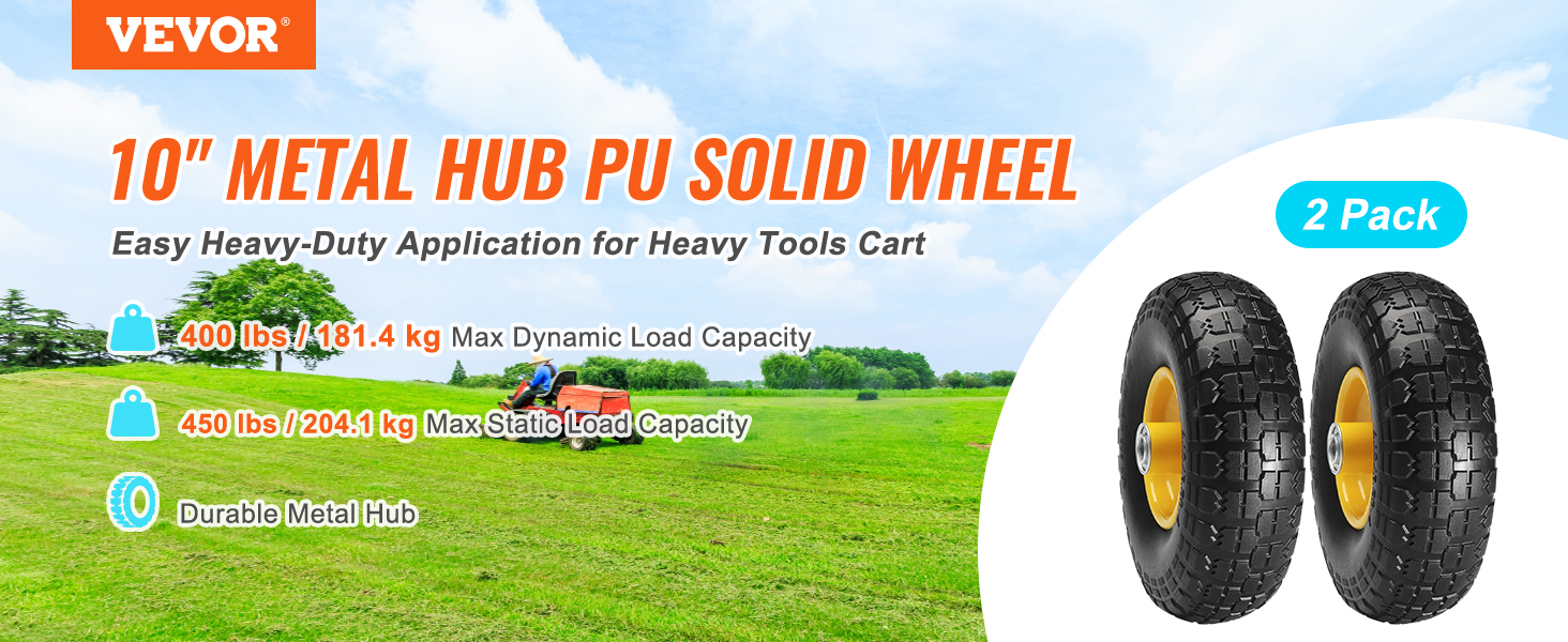 VEVOR run-flat tire wheel, 10" metal hub, pu solid, 400 lbs/181.4 kg dynamic load, 2 pack.