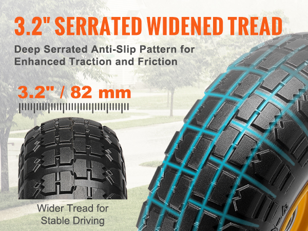 3.2" serrated widened tread for VEVOR run-flat tire wheel offering anti-slip performance in snowy and rainy conditions.