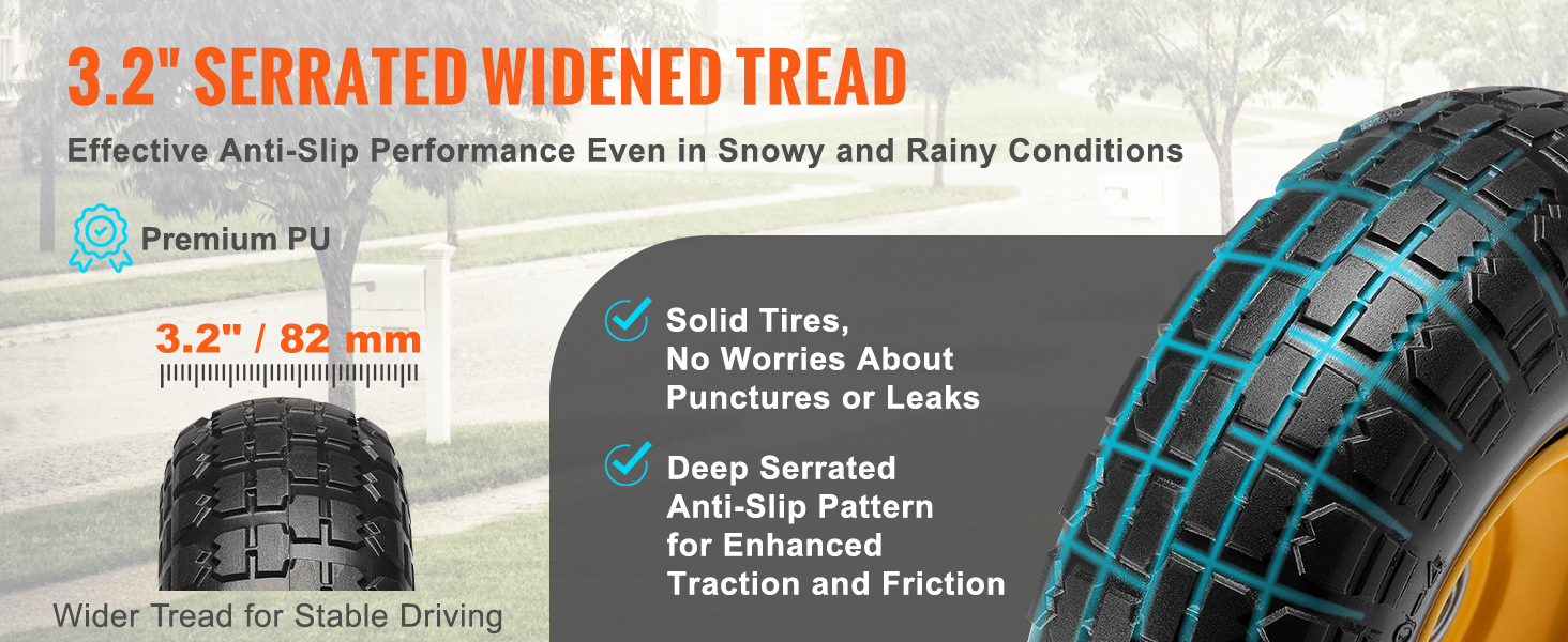 3.2" serrated widened tread for VEVOR run-flat tire wheel offering anti-slip performance in snowy and rainy conditions.