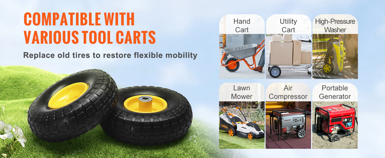 VEVOR run-flat tire wheel compatible with hand carts, utility carts, and other tool carts. replace old tires.