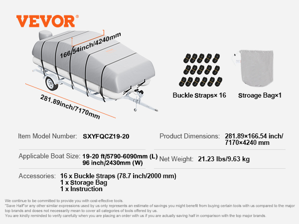 VEVOR pontoon boat cover with 16 buckle straps, storage bag, fits 19-20 ft boats, model sxyfqcz19-20.