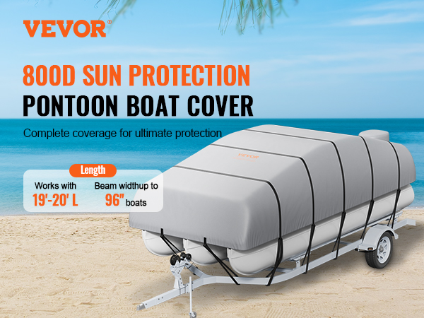 VEVOR pontoon boat cover providing 800d sun protection on a trailer at a beach with blue sky background.