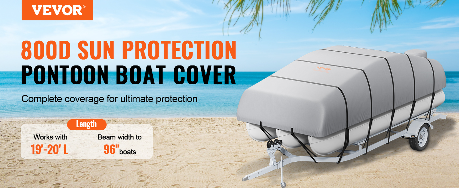 VEVOR pontoon boat cover providing 800d sun protection on a trailer at a beach with blue sky background.