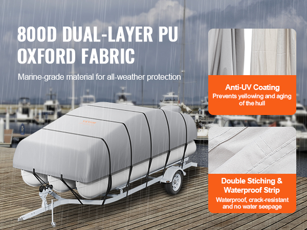 VEVOR pontoon boat cover with 800d dual-layer pu oxford fabric, anti-uv coating, and waterproof strip.