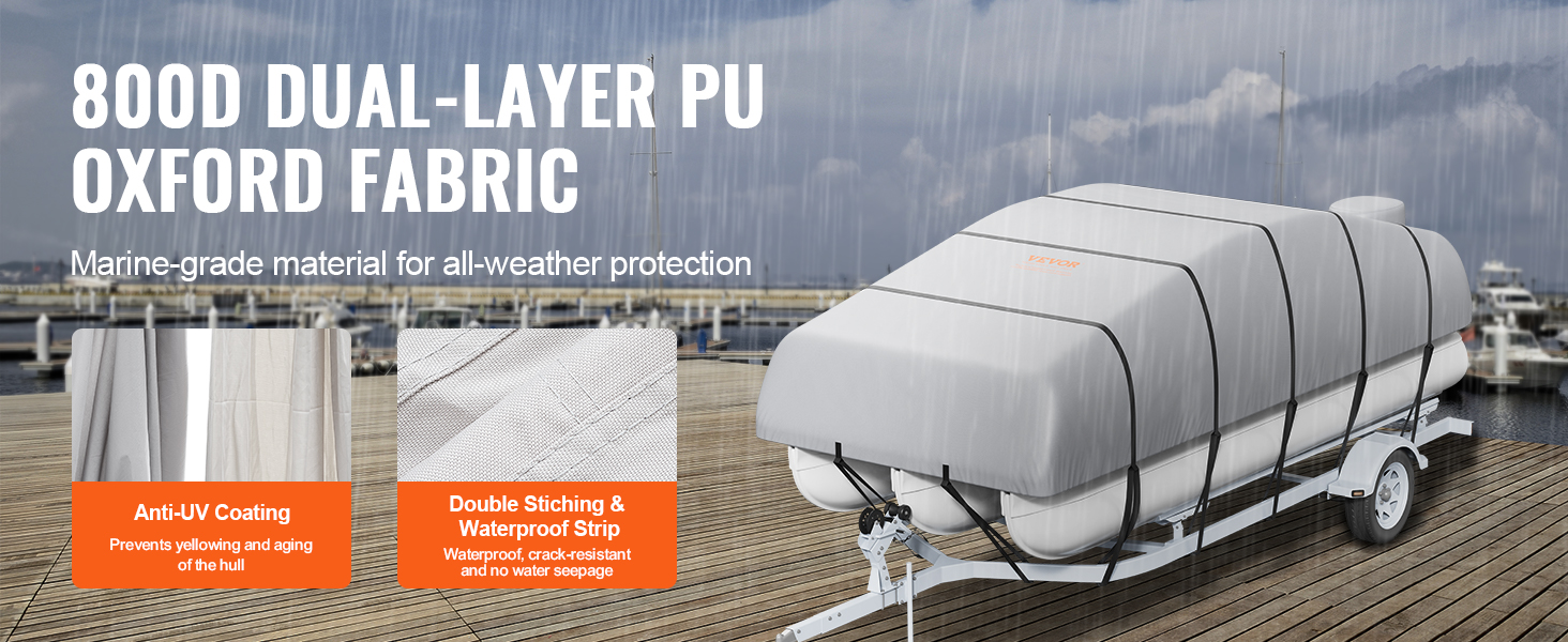 VEVOR pontoon boat cover with 800d dual-layer pu oxford fabric, anti-uv coating, and waterproof strip.