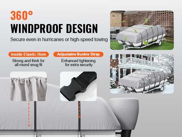 VEVOR pontoon boat cover with elastic hem and adjustable buckle strap for 360° windproof protection.