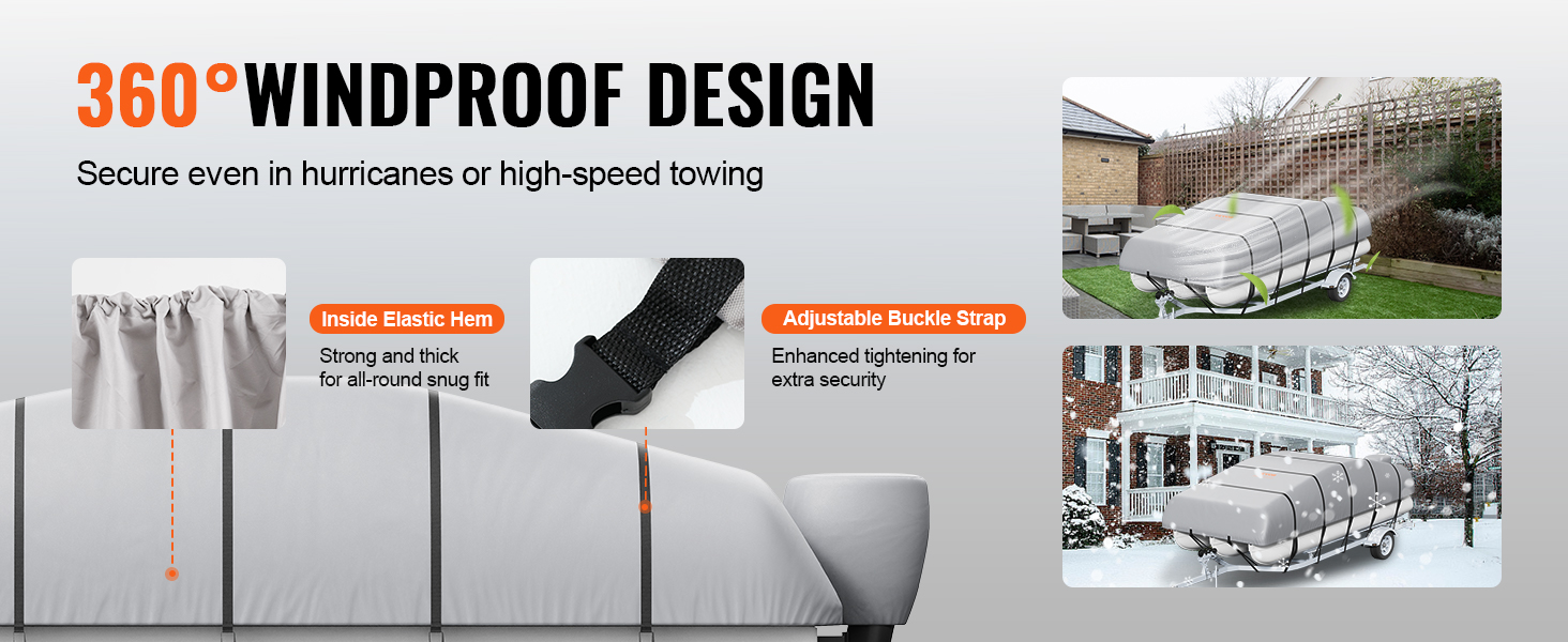 VEVOR pontoon boat cover with elastic hem and adjustable buckle strap for 360° windproof protection.