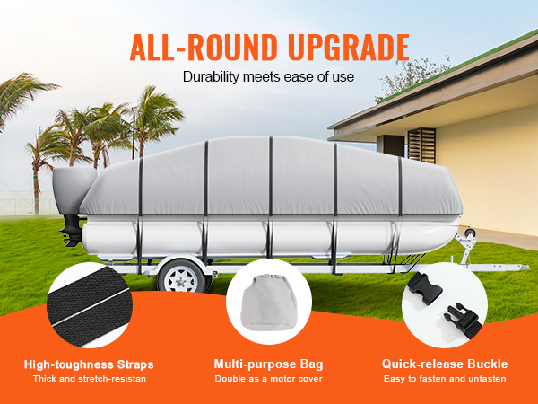 VEVOR pontoon boat cover with high-toughness straps, a multi-purpose bag, and quick-release buckle.