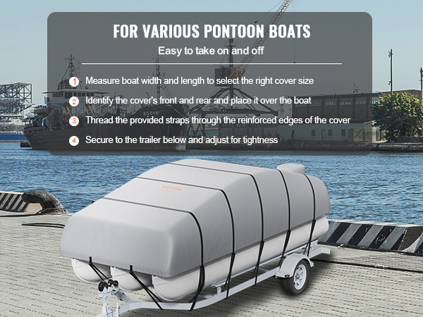 VEVOR pontoon boat cover secured on a trailer by water, with installation steps displayed.