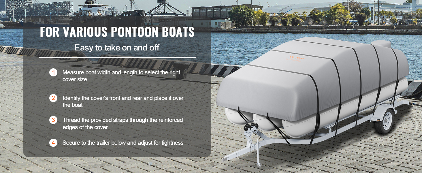 VEVOR pontoon boat cover secured on a trailer by water, with installation steps displayed.