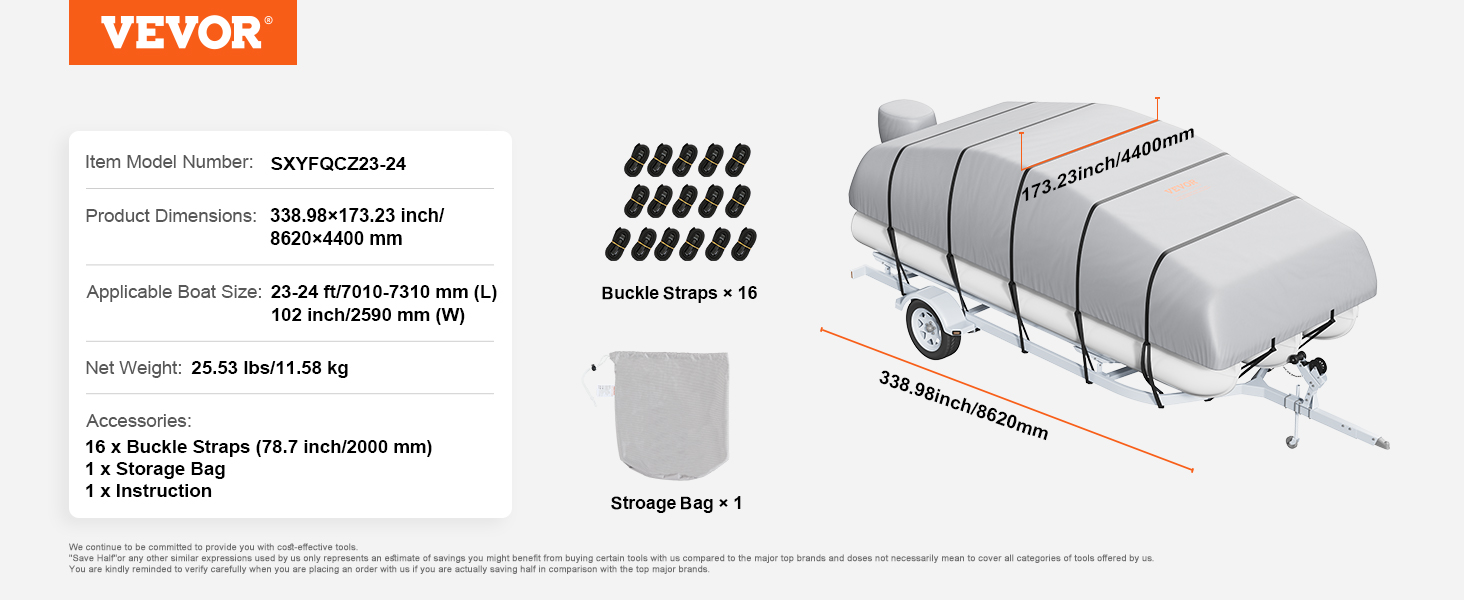 VEVOR pontoon boat cover with 16 buckle straps, storage bag, and detailed dimensions. suitable for 23-24 ft boats.